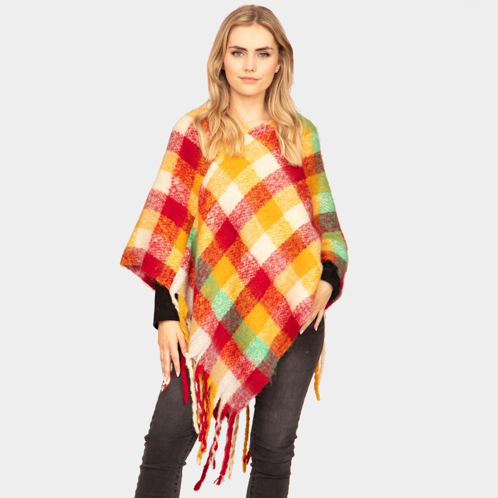 Multicolor Knitted Plaid Check Patterned Poncho Wrap with Fringed Ends for Women