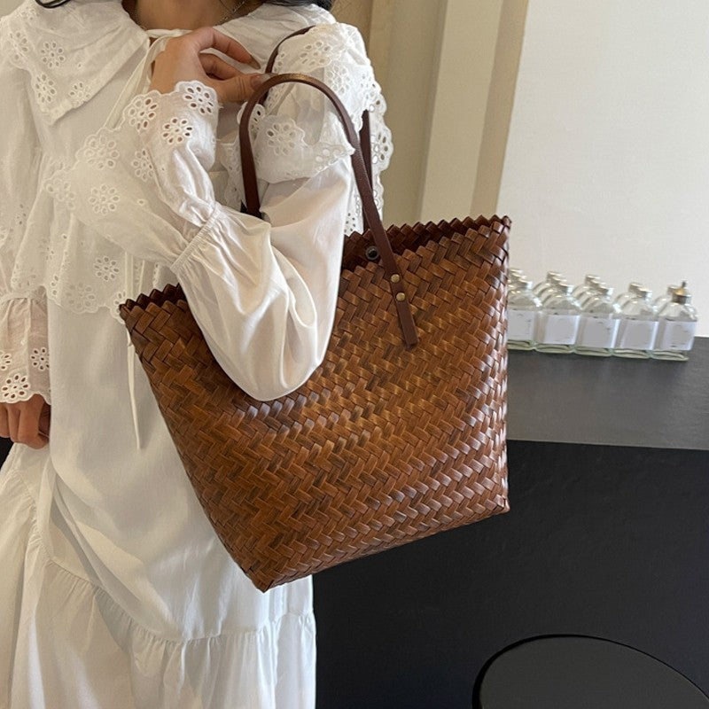 Handwoven Basket Weave Rattan Straw Tote Bag Large Capacity Brown Bags