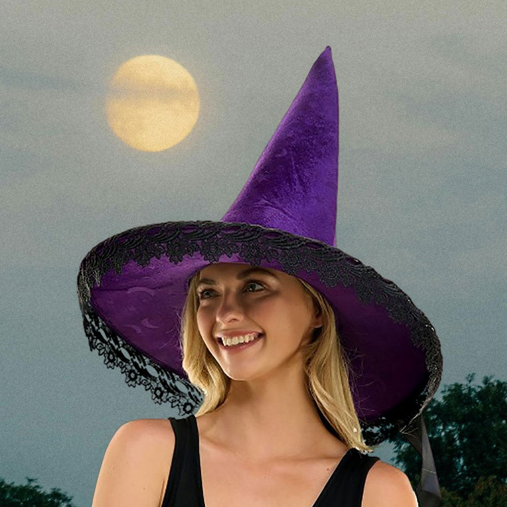Velvet Purple Witch Hat Black Lace Trim Halloween Costume Accessory Adult