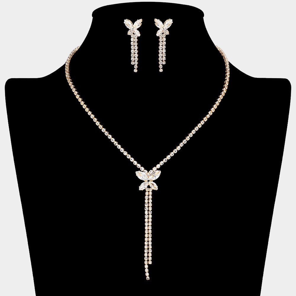 Rhinestone Y Necklace and Drop Earrings Set CZ Bow Bridal Formal Jewelry