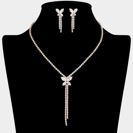 Rhinestone Y Necklace and Drop Earrings Set CZ Bow Bridal Formal Jewelry