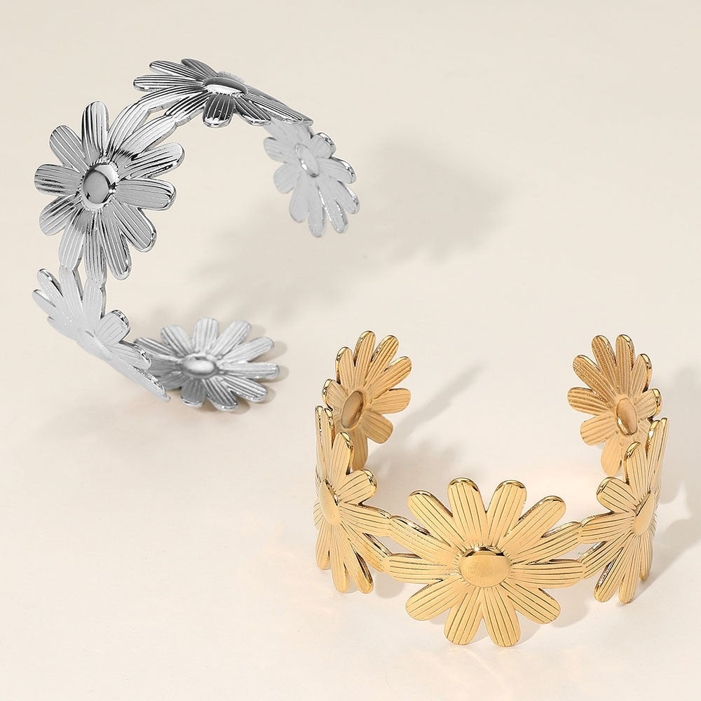 2-Piece Gold and Silver Stainless Steel Floral Cutout Cuff Bracelet Set