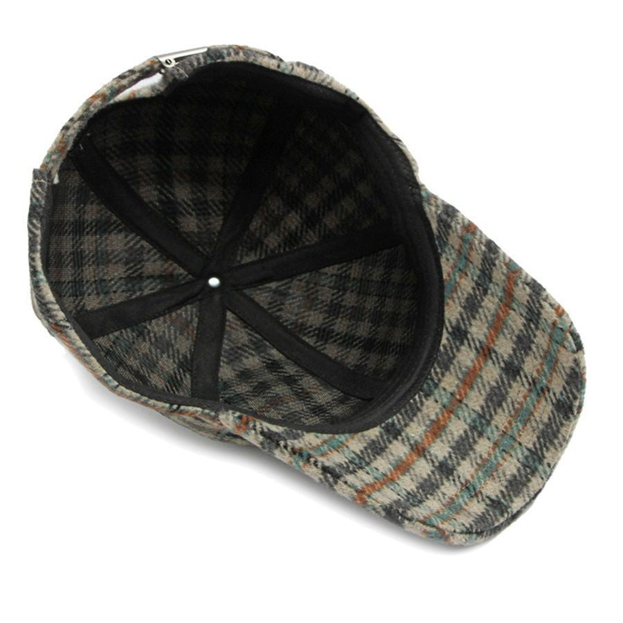 Men's Plaid Wool Blend Baseball Cap Winter Warm Adjustable Strap Hat Grey Tan