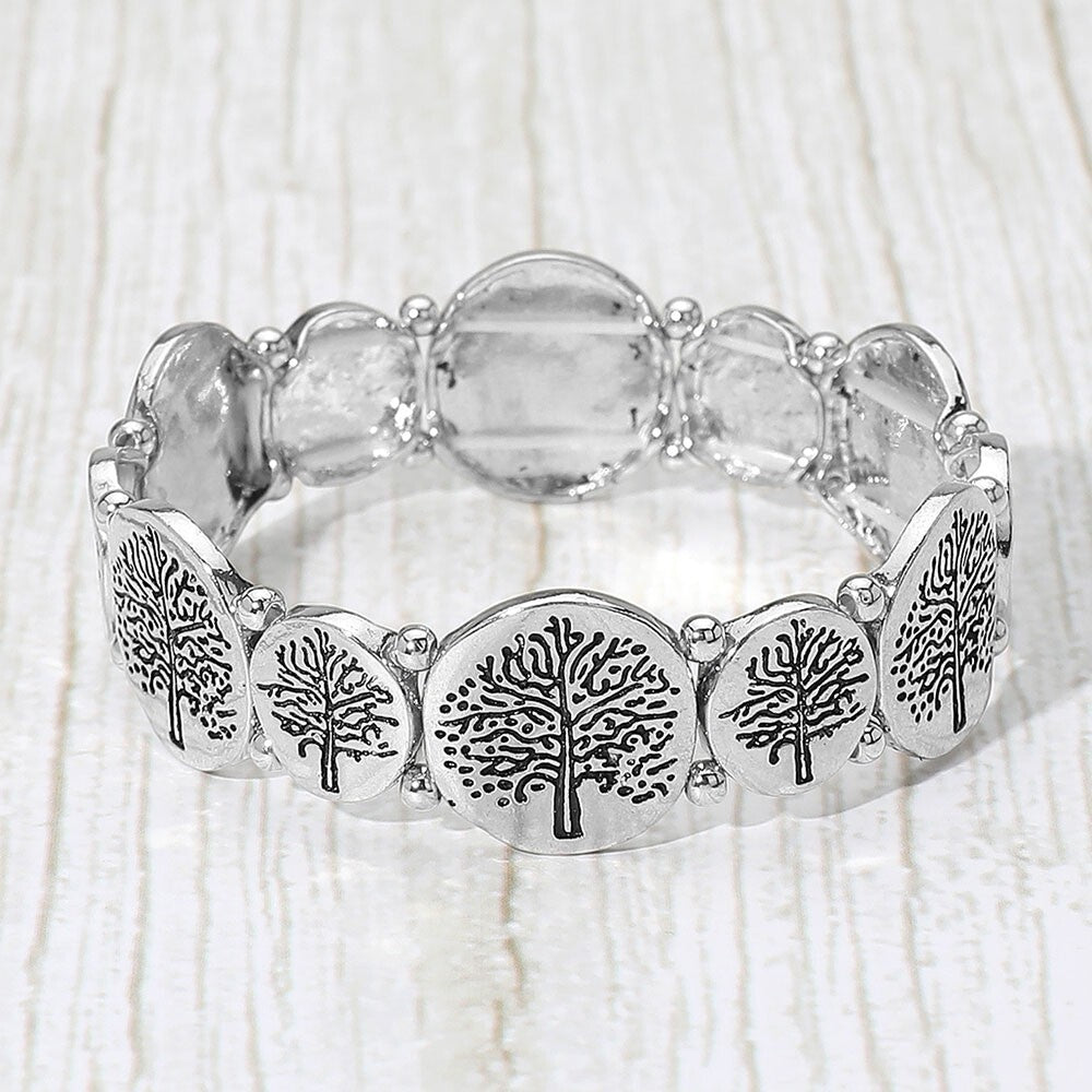 Tree of Life Engraved Disc Stretch Bracelet Antique Gold Tone Spiritual Jewelry