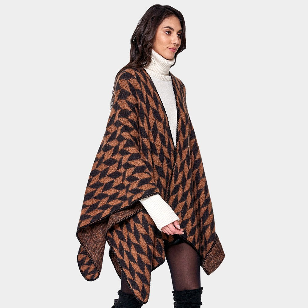 Geometric Patterned Knit Kimono Poncho Open Front Cape Wrap for Women Brown