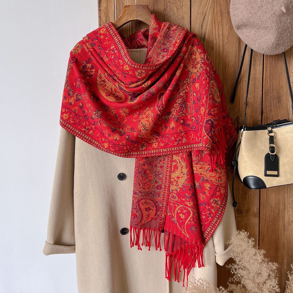 Red Paisley Pashmina Scarf Cashmere Feel Large Reversible Shawl Wrap Winter Gift
