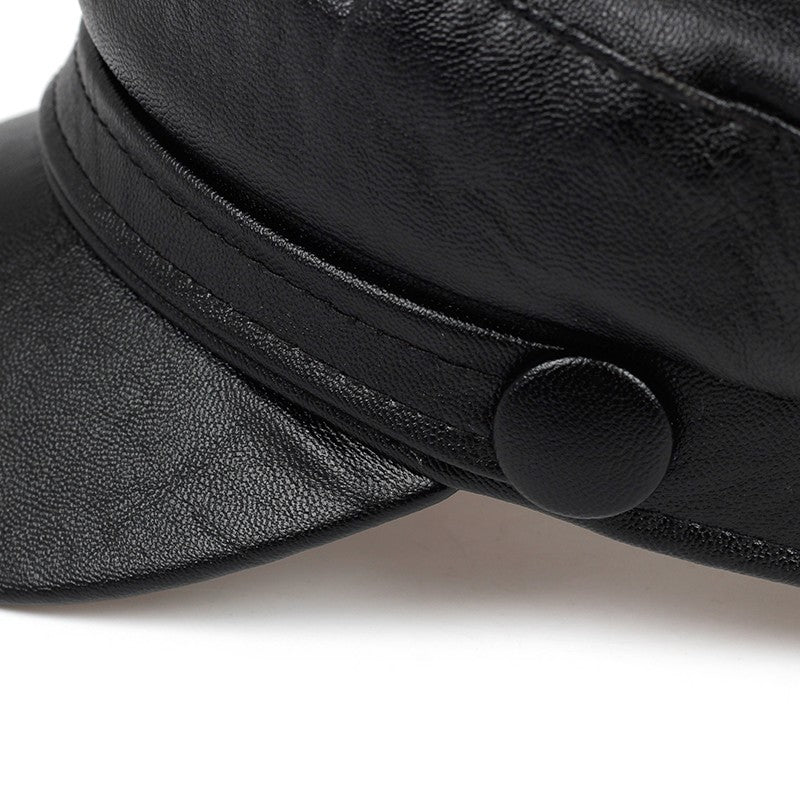 Black Faux Leather Newsboy Cap Women Baker Boy Captain Hat Sailor Peaked Visor