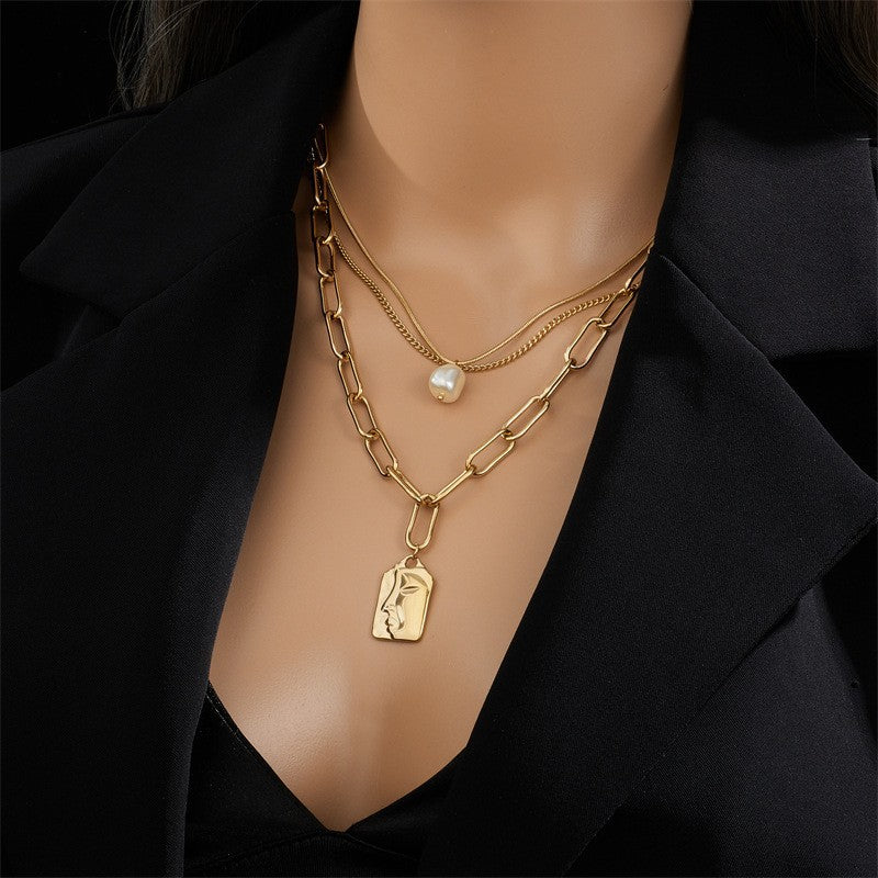 Stainless Steel Gold Tone Portrait Pendant Necklace for Women Layered Necklaces