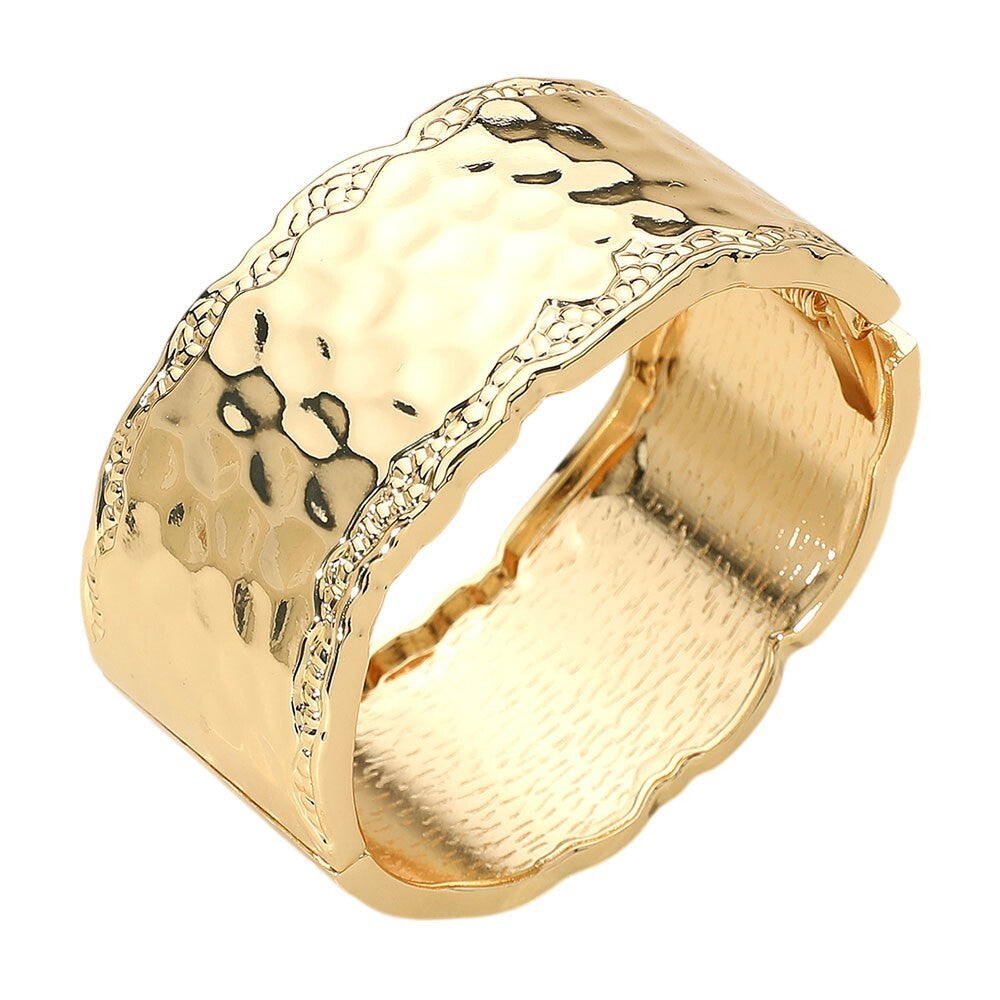 Wide Gold Hammered Metal Bangle Bracelet for Women with Hinged Clasp