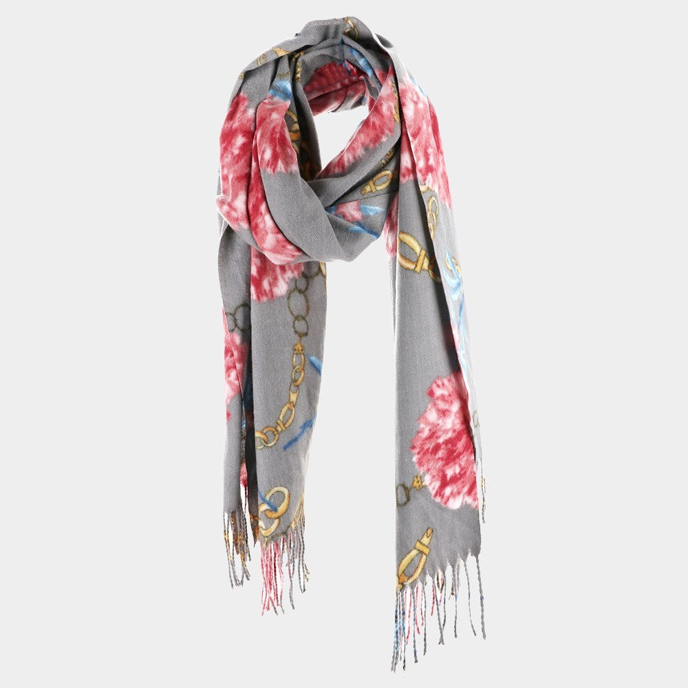 Grey Floral Chain Print Scarf Soft Wrap Shawl for  Women 100% Acrylic Winter