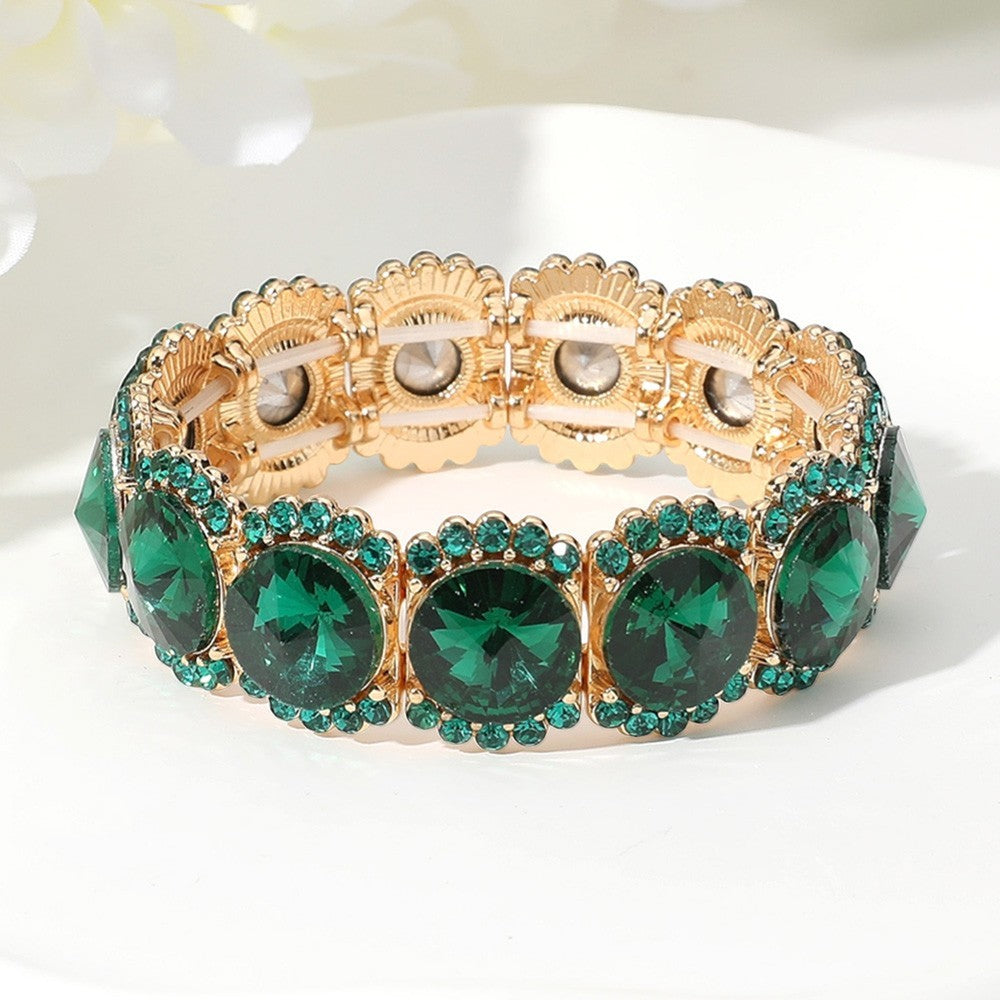 2PC Emerald Green Crystal Gold Tone Stretch Statement Bracelet Set Women's