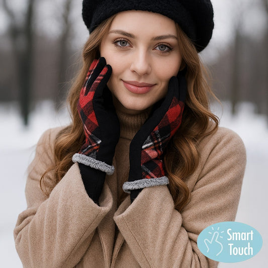 Womens Red Plaid Smart Touch Winter Gloves Cozy Faux Fur Trim Tech Warmers