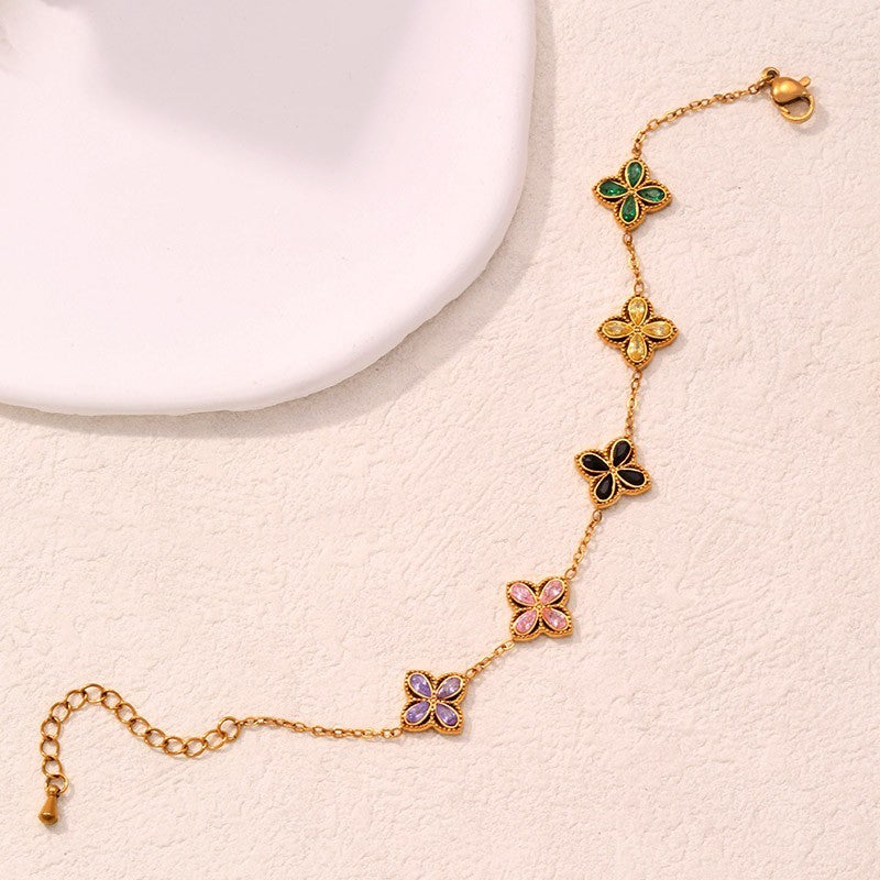 Gold Plated Four Leaf Clover Charm Bracelet Multicolored Stone Women's Jewelry