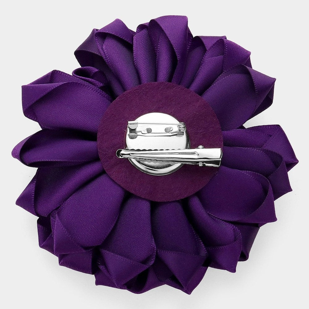 Purple Satin Ribbon Flower Pearl Rhinestone Hair Clip & Brooch Pin 5"x5"