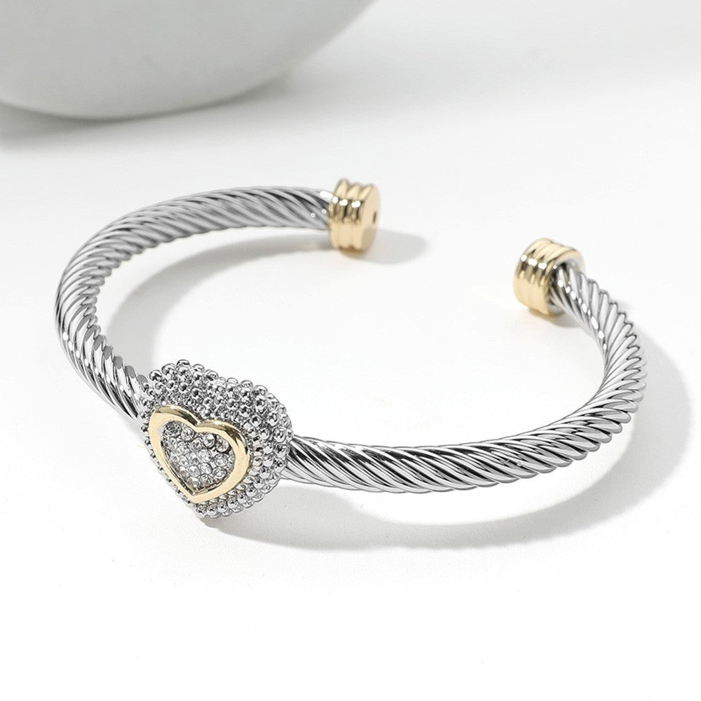 Two Tone Stone Paved Heart Twisted Cable Cuff Bracelet for Women Men