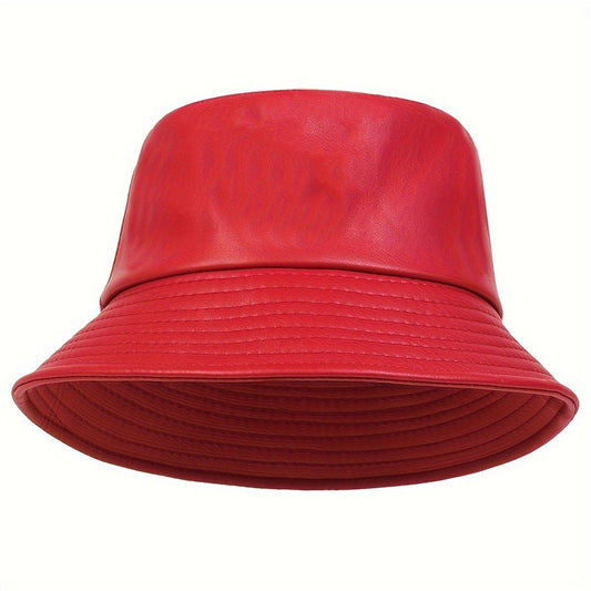 Red Faux Leather Bucket Hat Unisex Wide Brim Fisherman Cap Streetwear