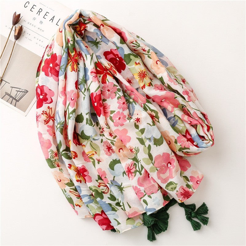 Floral Cotton Viscose Scarf Women Large Soft Shawl Tassel Spring Wrap 71" x 35"
