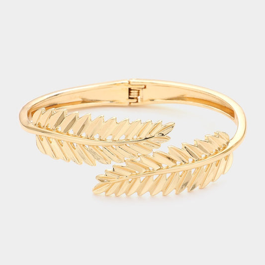 Gold Metal Leaf Hinged Bangle Bracelet Elegant Nature Inspired Fashion Jewelry