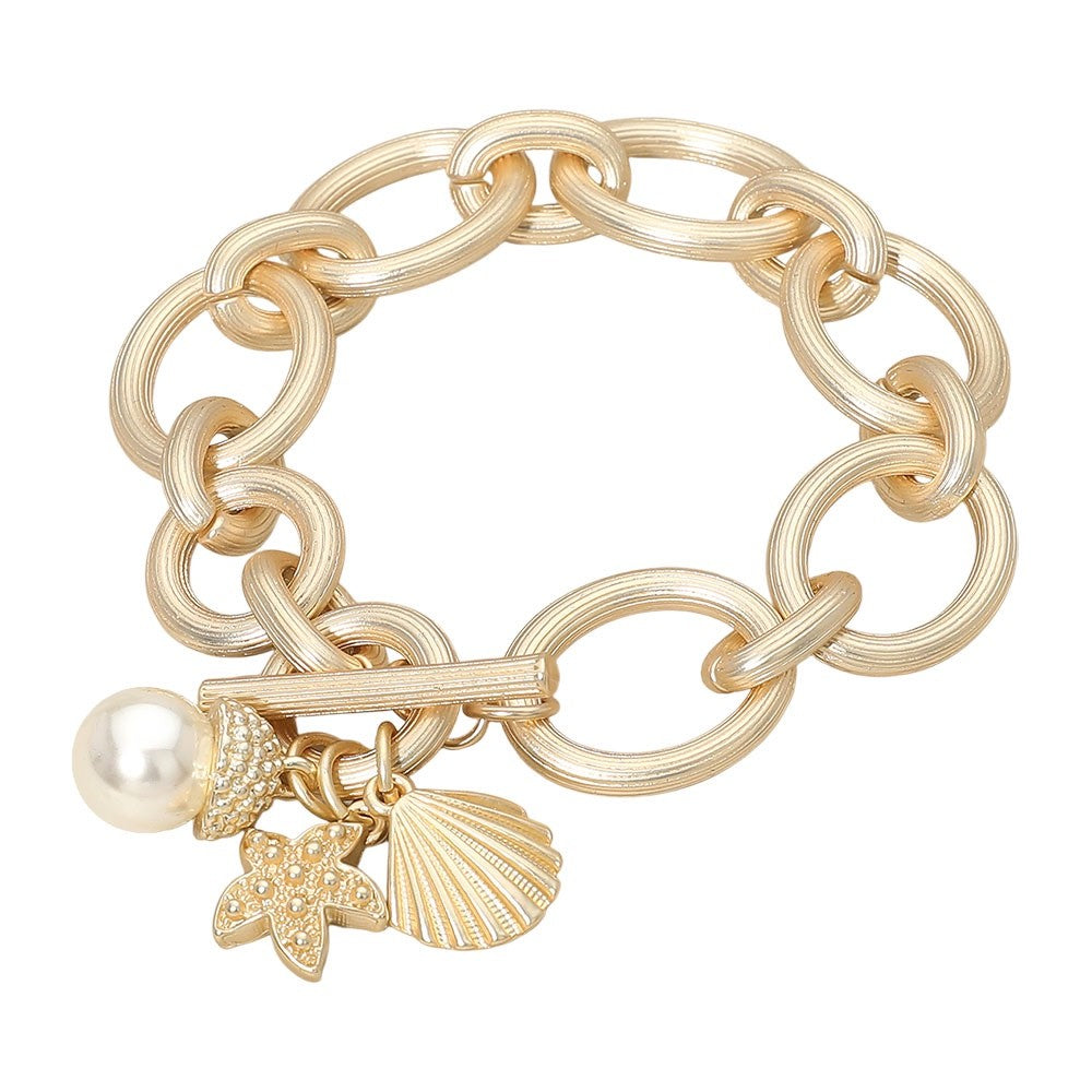Gold Chunky Link Toggle Bracelet with Nautical Shell Starfish and Pearl Charms