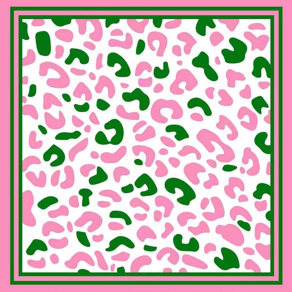 Pink Green Leopard Print Silky Square Neck Scarf Preppy Sorority Bandana