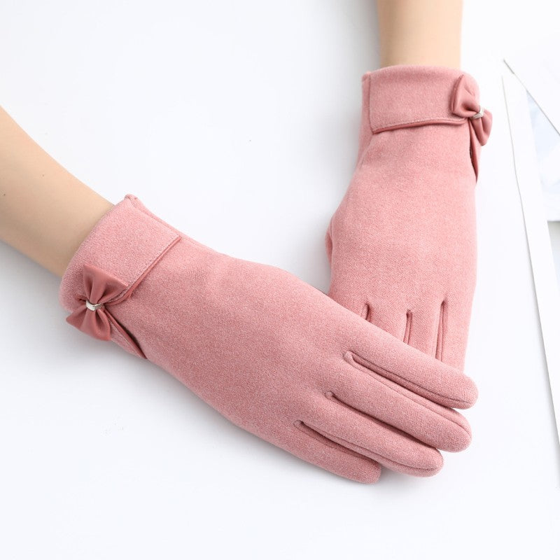 Pink Women's Winter Gloves Touch Screen Fleece Lined Bow Cuff Dressy Warm