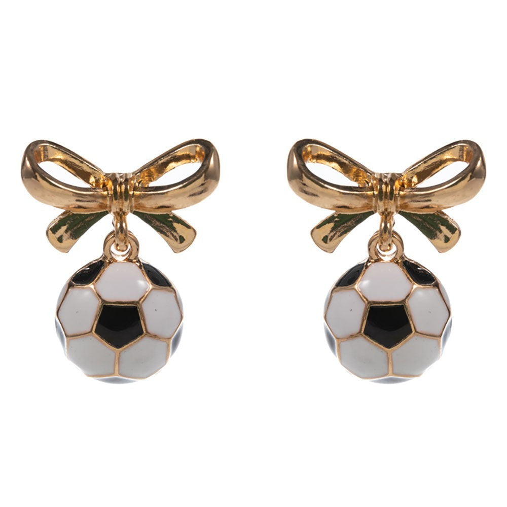 Women's Gold Tone Bow Accent Black White Soccer Ball Dangle Post Back Earrings