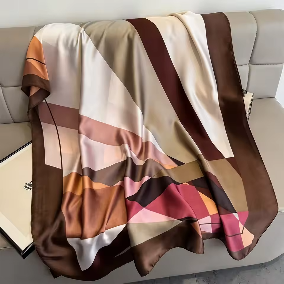 Silk Feel Large Scarf Geometric Print Brown Pink Shawl Wrap 71" x 35"
