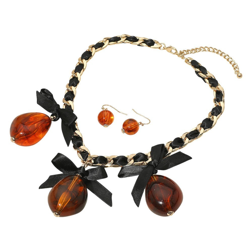 Bold Bow Resin Charm Braided Strap Statement Necklace for Women Fashion Jewelry