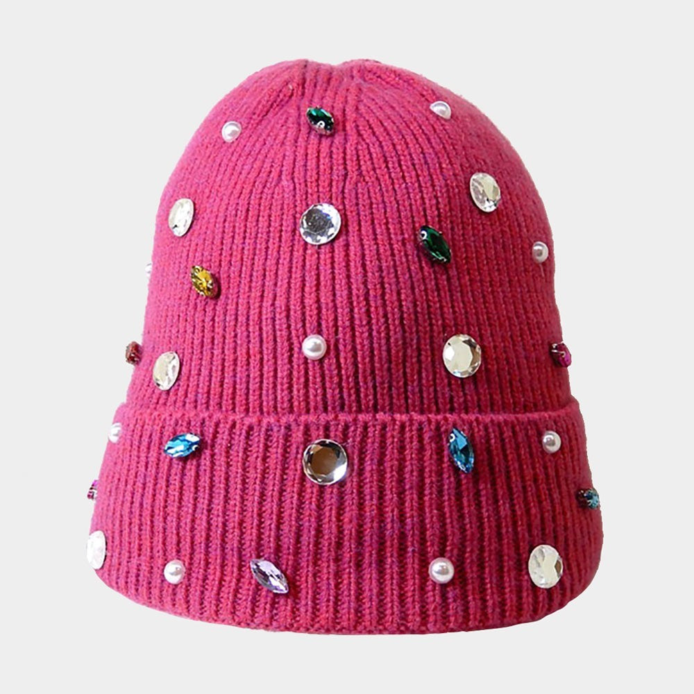 Pink Knit Beanie Hat Set Rhinestone Pearl Embellished Winter Accessory