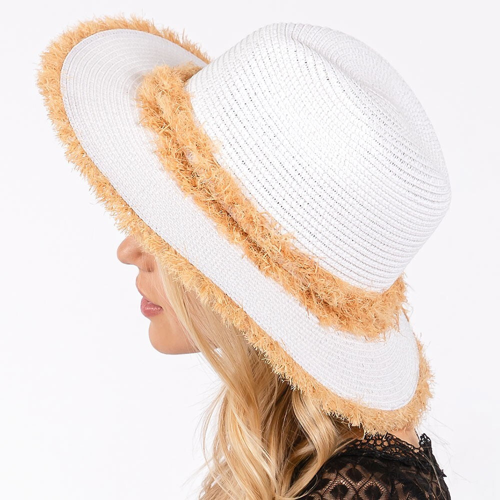 Bohemian Frayed Brim Straw Hat for Women Outdoor Wide Brim Sun Hat White
