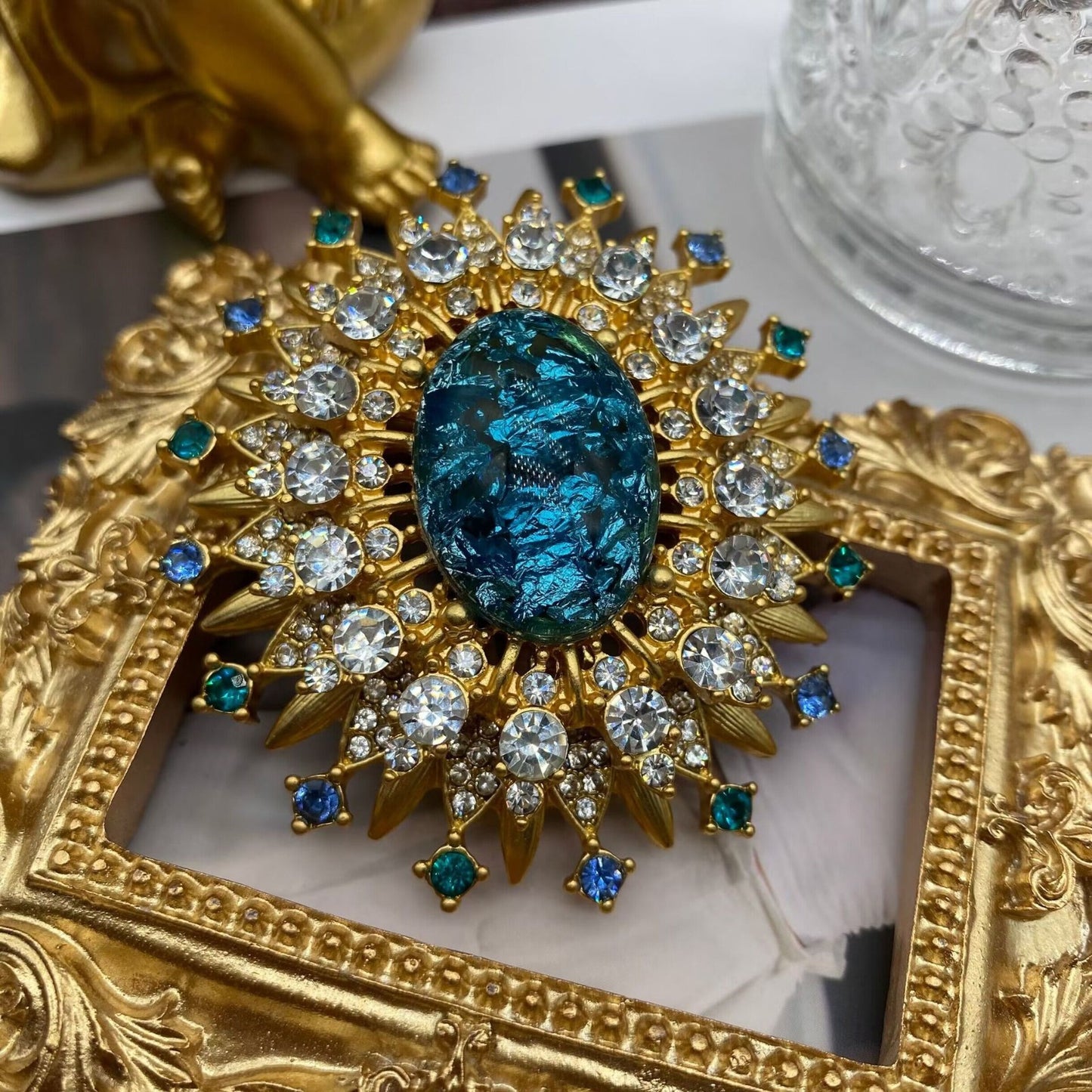 2pcs Vintage Sunburst Brooch Set Red Teal Foil Glass Rhinestone Gold Tone Pin