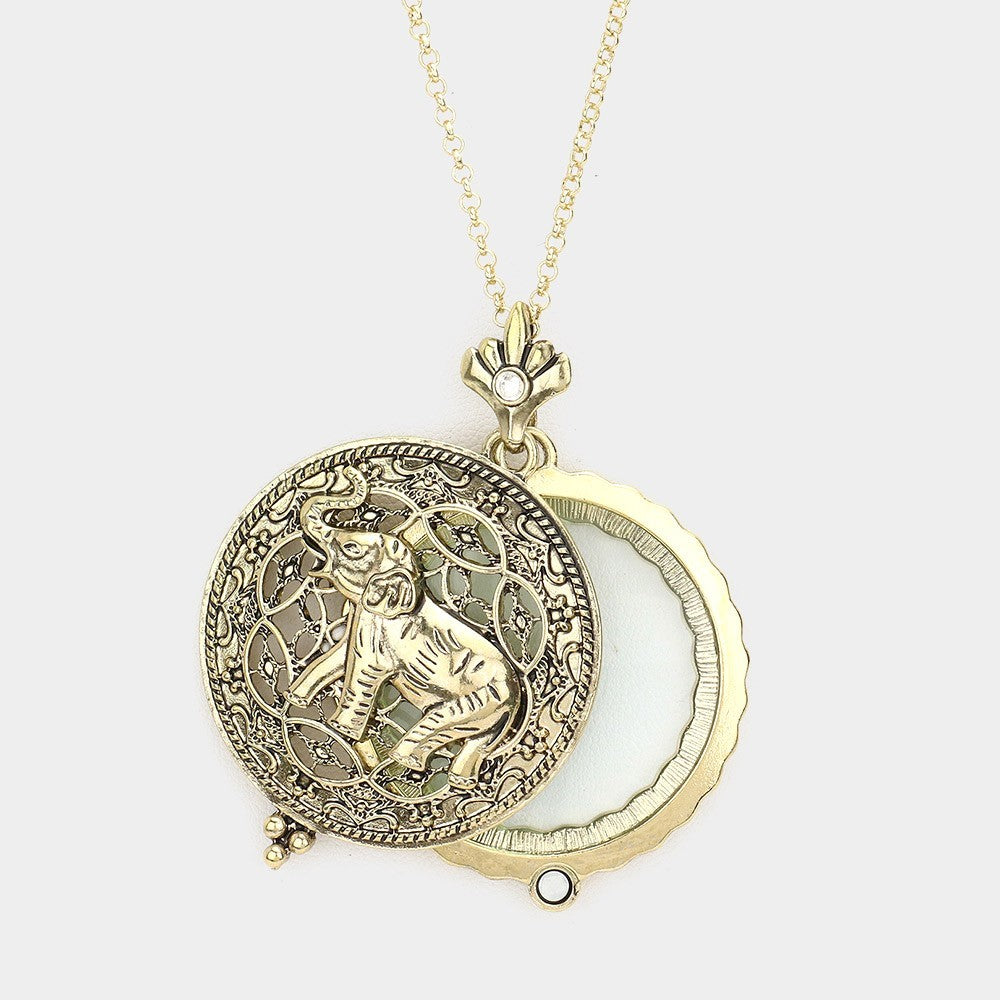 Ornate Gold Tone Elephant Magnifying Glass Necklace Locket Pendant 30" Chain