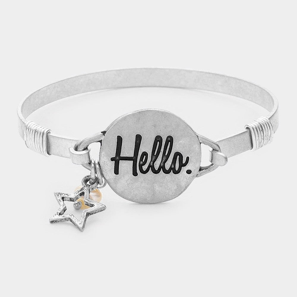 2pc Distressed Metallic Hello Bangle Set with Star and Faux Pearl Charms