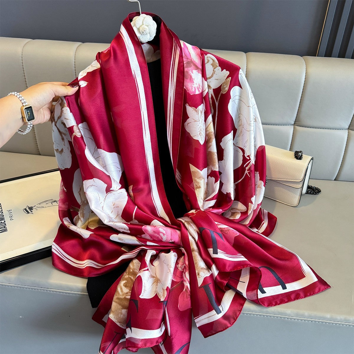 Red Floral Silk Feel Scarf Large Shawl Wrap Elegant Long Fashion Headscarf
