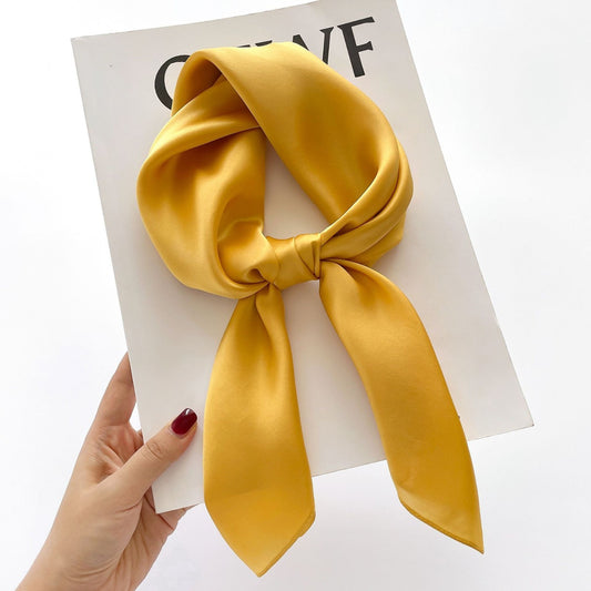 2pc Silk Feel Square Scarf Set 27x27in Black Yellow Satin Hair Wrap Neckerchief