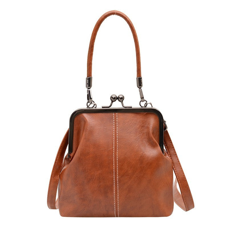 Cognac Faux Leather Kiss Lock Frame Bag Small Doctor Style Crossbody Handbag