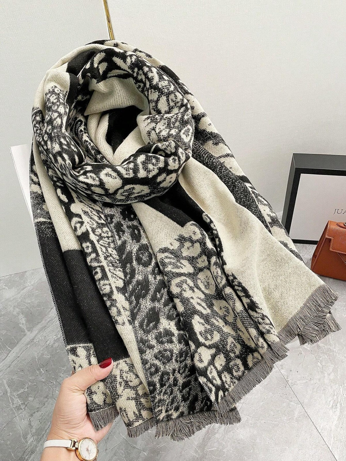 Reversible Leopard Print Scarf Women's Black & Cream Shawl Wrap