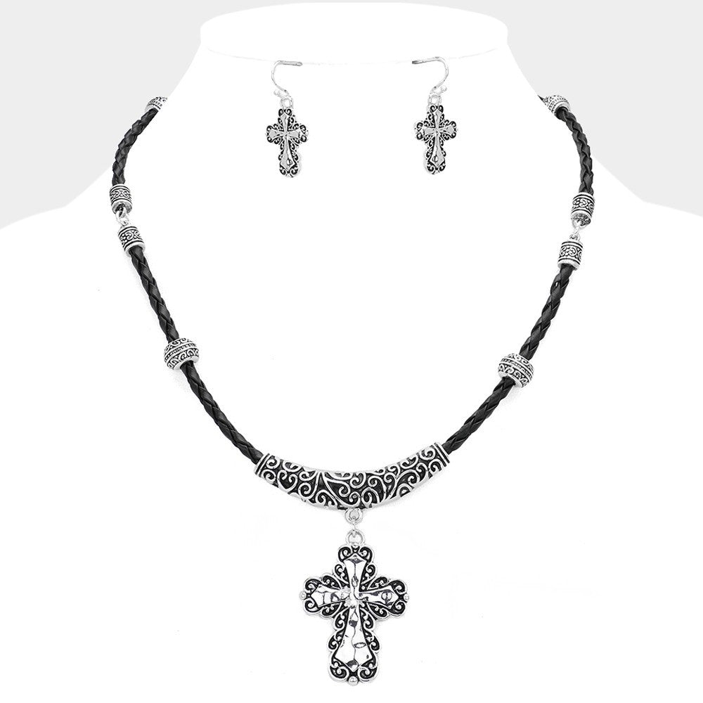 Embossed Antique Silver  Tone Metal Cross Pendant Necklace for Women Jewelry