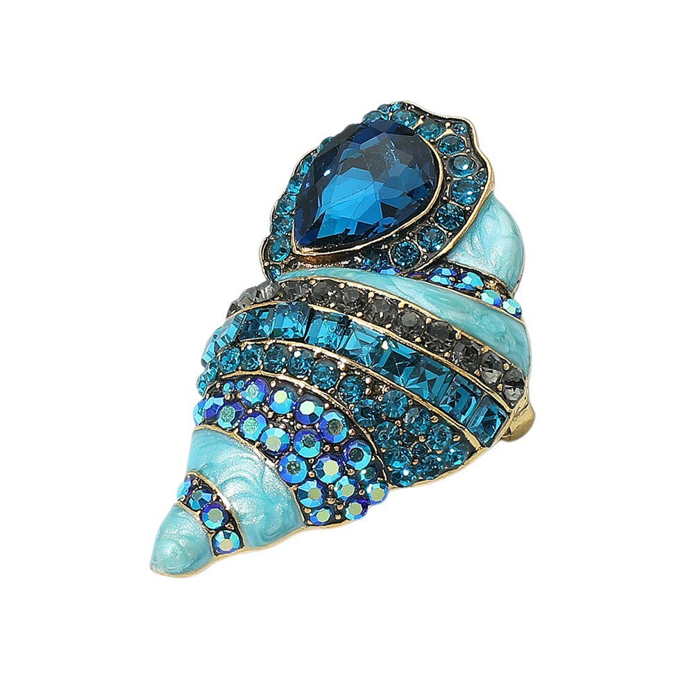 Stone Embellished Enamel Conch Seashell Brooch Pin for Women Nautical Jewelry