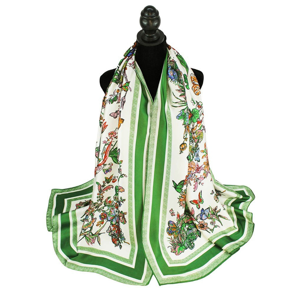 Silky Satin Scarf Shawl Floral Print Color Block Edges Oblong Neck Wrap Women
