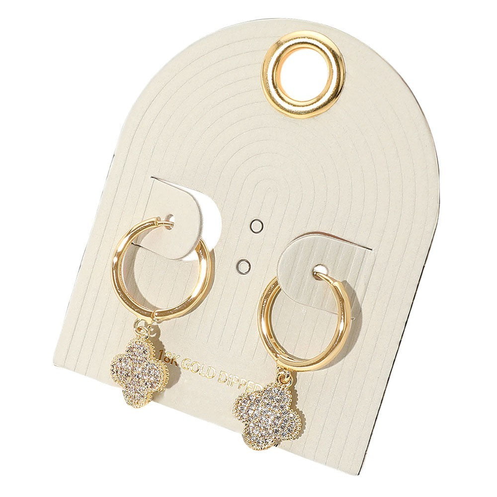 18K Gold Dipped Quatrefoil Dangle Hinged Mini Hoop Earrings with CZ Stones