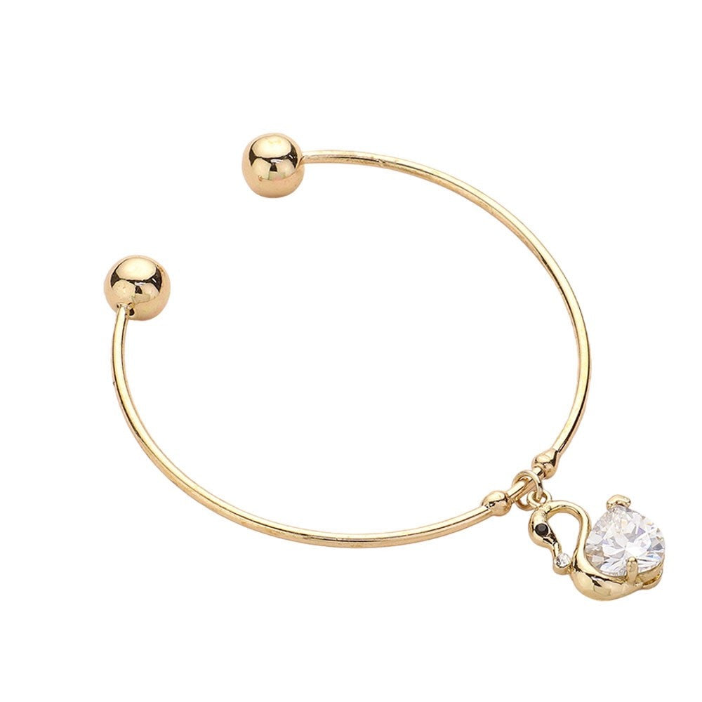 Gold Swan Crystal Heart Charm Bangle Bracelet Elegant Dainty Cuff 0.8" H 2.25" D