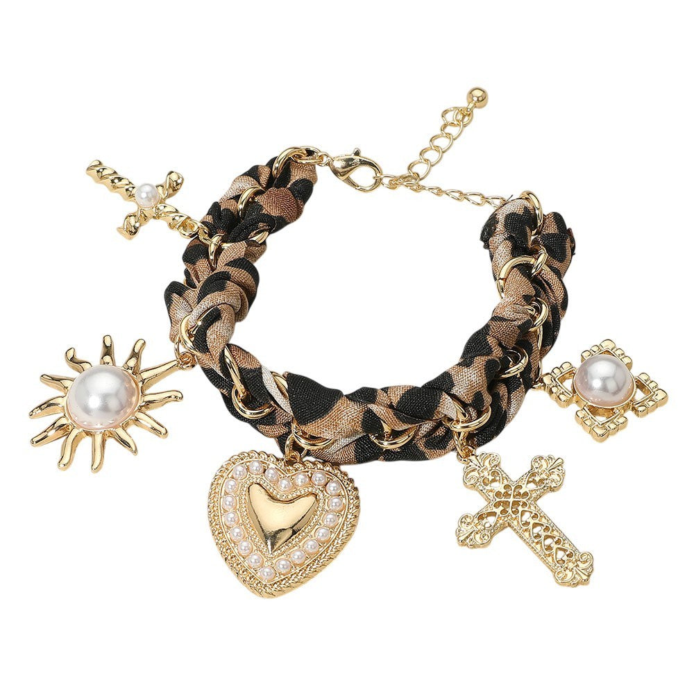 Embellished Charms Bracelet  Leopard Fabric Chain Statement Jewelry