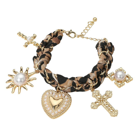 Embellished Charms Bracelet  Leopard Fabric Chain Statement Jewelry