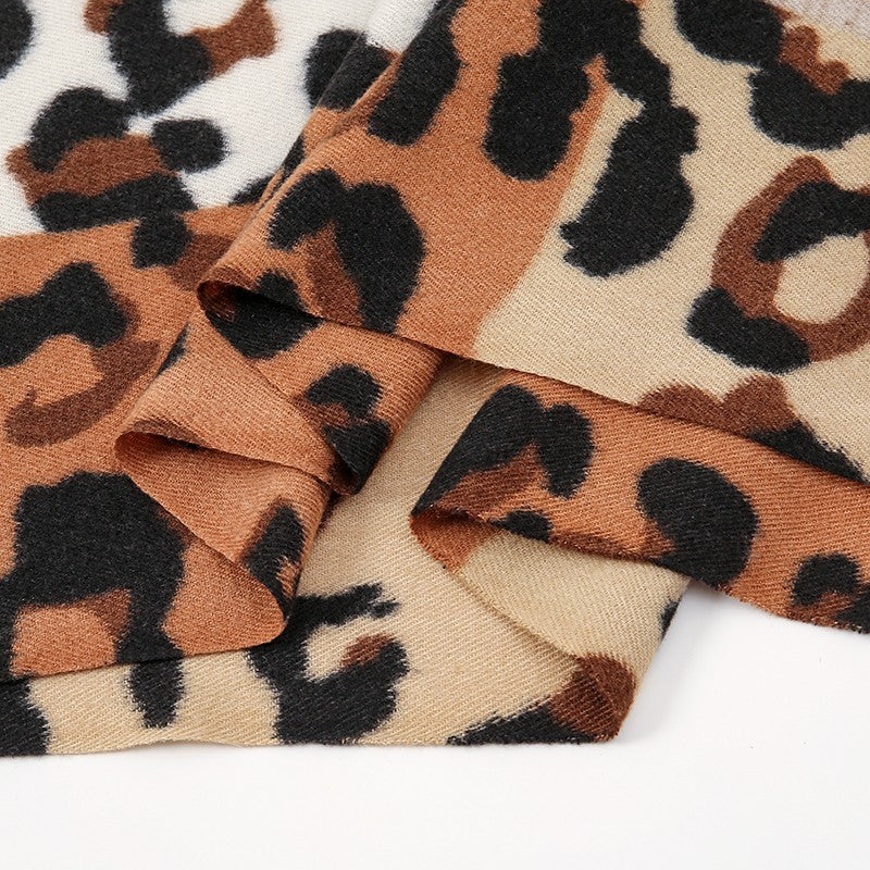 Patchwork Leopard Animal Print Scarf Shawl Oversized Cozy Tassel Wrap Winter