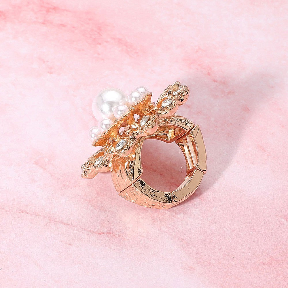 2PCS Pearl & Crystal Cluster Ring Set Gold Tone Flower Starburst Stretch Jewelry