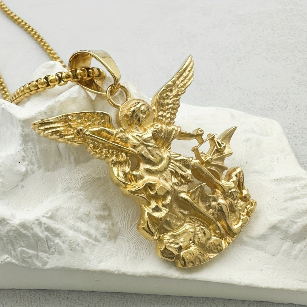 Archangel Michael Pendant Necklace Gold Stainless Steel 27.5 in Chain