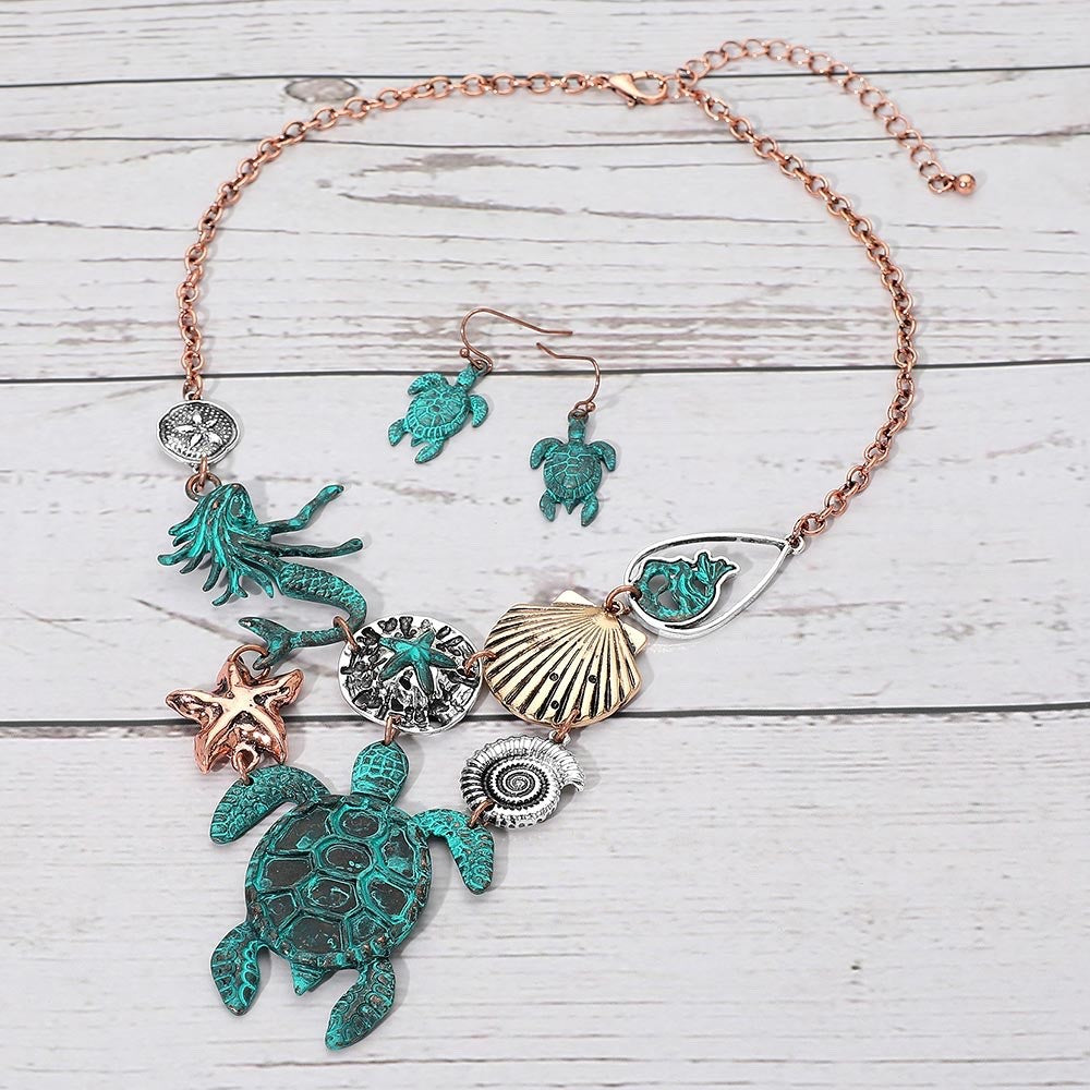2pcs Nautical Sea Turtle Mermaid Charm Statement Necklace & Earrings Jewelry Set