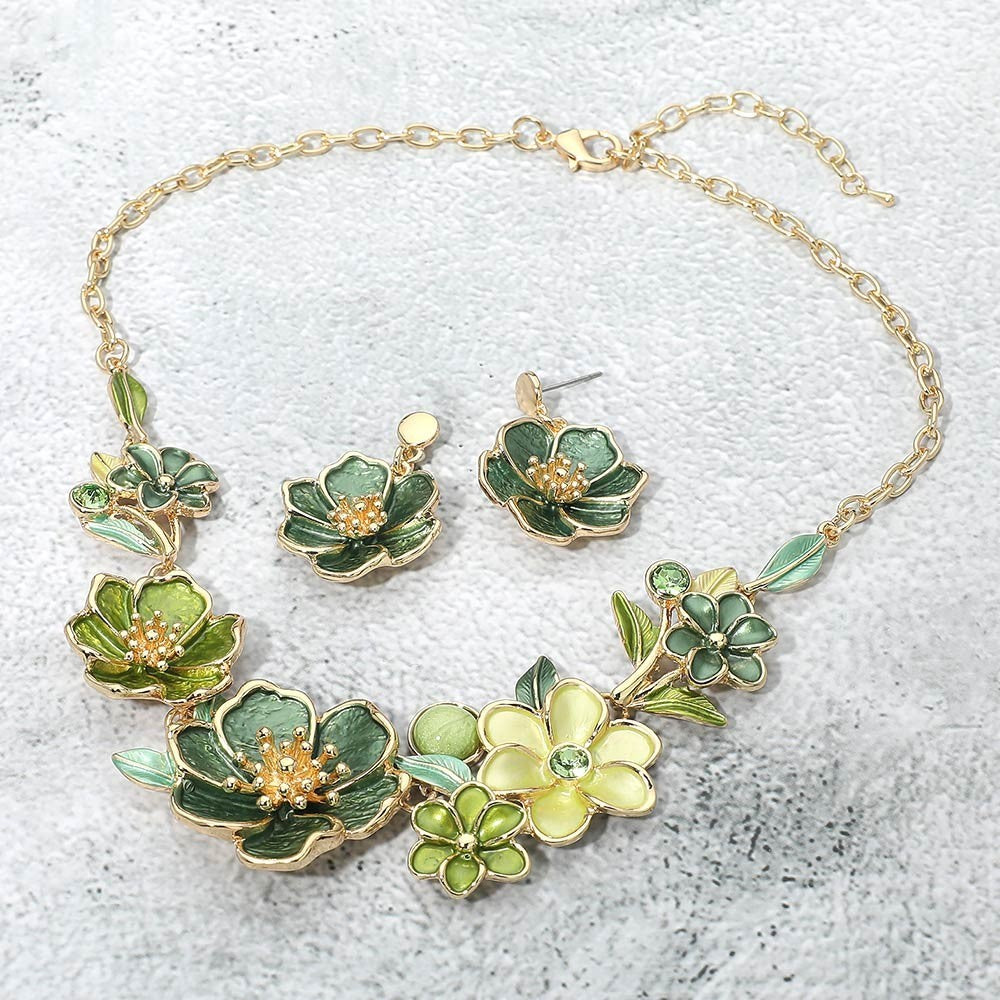 Green Enamel Flower Floral Statement Necklace Earrings Set Fashion Jewelry