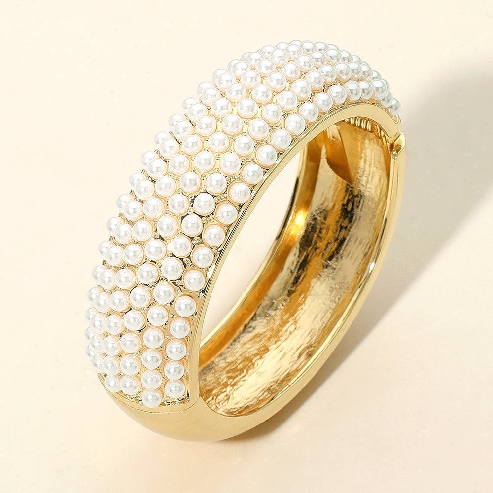Elegant Gold Faux Pearl Pave Wide Hinged Bangle Statement Cuff Bracelet